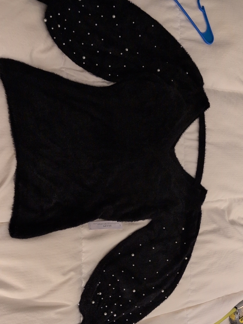 Black Faux-Fur Sweater with Pearl Embellished Sleeves Size Large